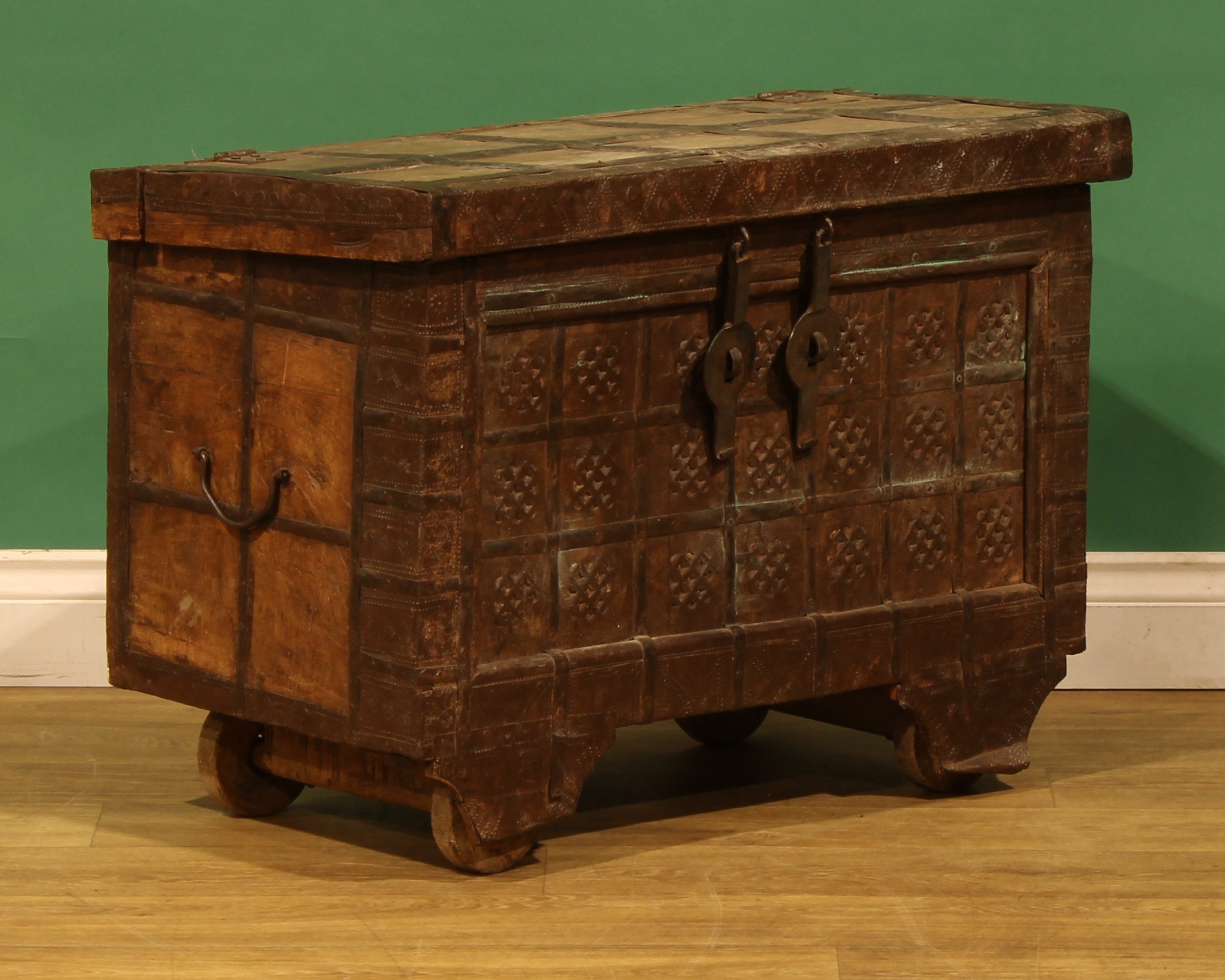 A 19th century Indian rolling pithara or dowry chest, probably Gujarat ...