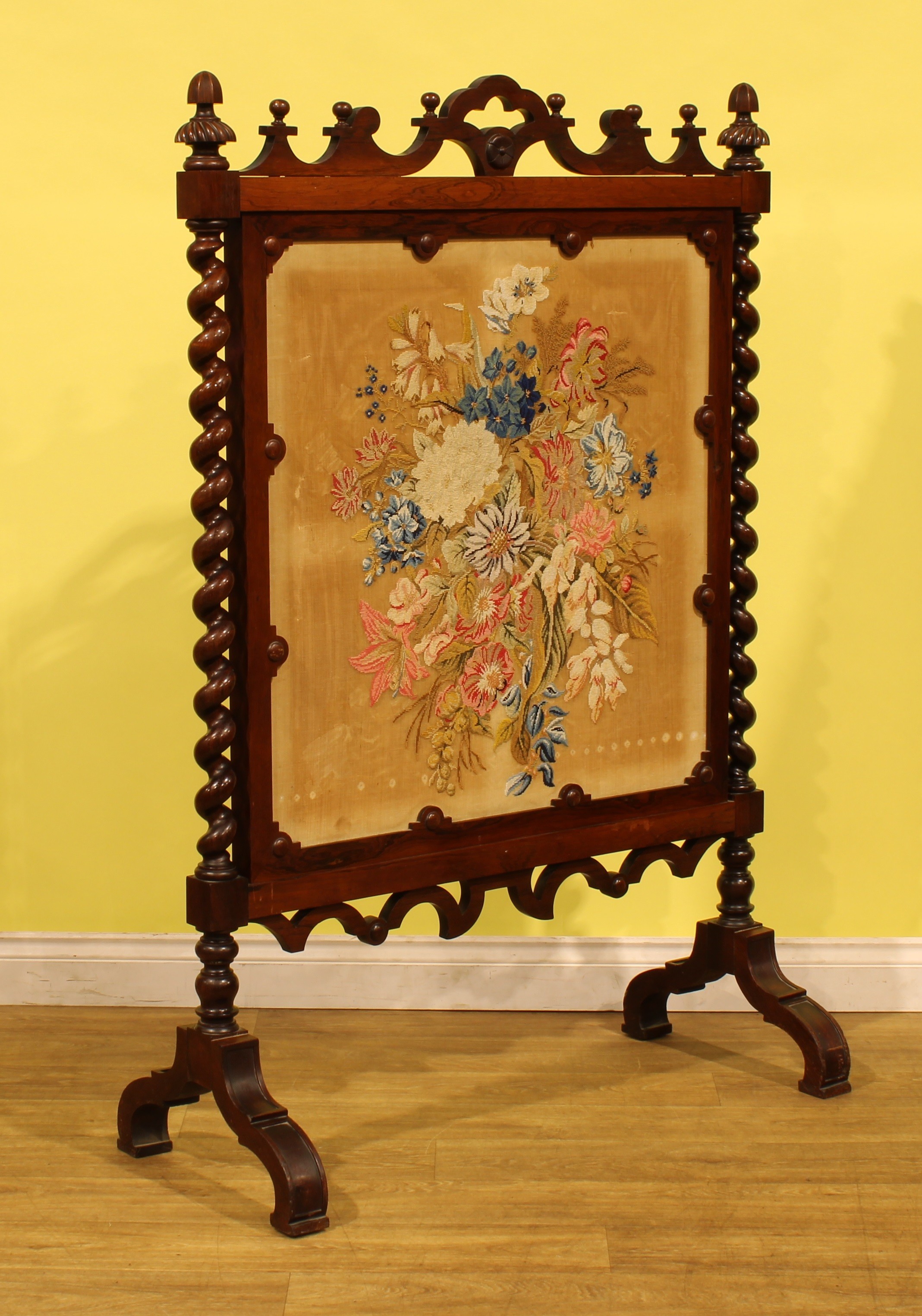 A large Victorian country house rosewood fire screen, woolwork banner ...