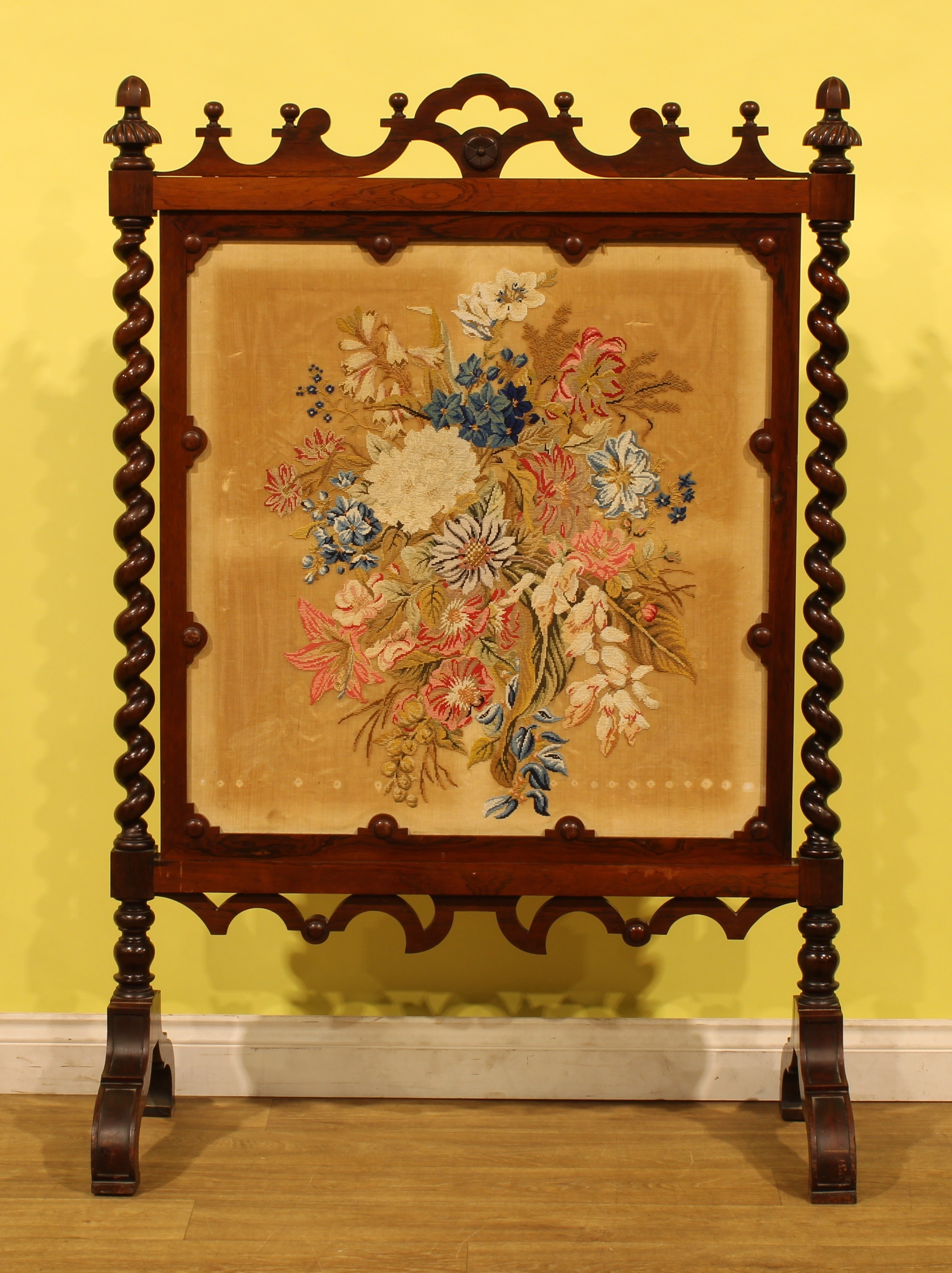 A large Victorian country house rosewood fire screen, woolwork banner ...
