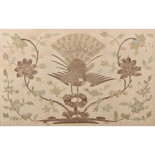 1313 - An early 20th century Chinese silk and metal stitch textile panel, worked with a fenghuang and flowe... 