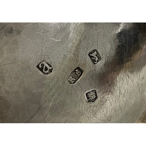 55 - A George II silver compressed globular tea kettle on stand, flush-hinged cover within an engraved Ro... 