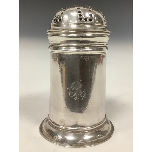52 - A George II provincial silver bun top kitchen pepper, scroll handle, skirted base, 8cm high, John La... 
