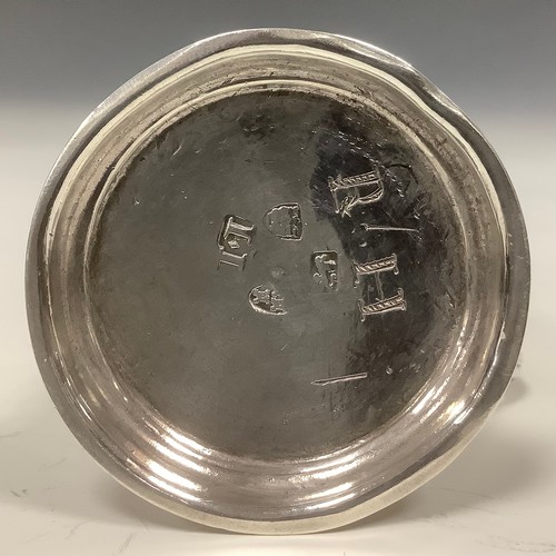 52 - A George II provincial silver bun top kitchen pepper, scroll handle, skirted base, 8cm high, John La... 