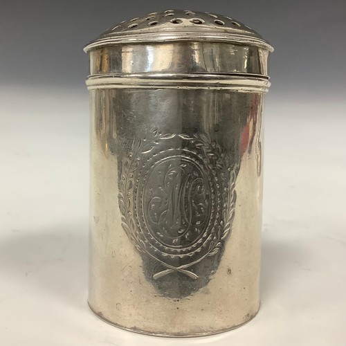 56 - A George II silver kitchen pepper, domed cover, scroll handle, 6.5cm high, maker's mark only, John H... 