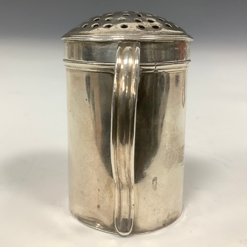 56 - A George II silver kitchen pepper, domed cover, scroll handle, 6.5cm high, maker's mark only, John H... 