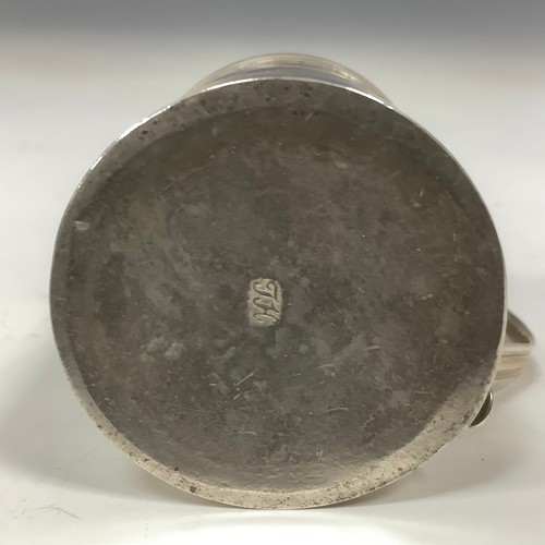 56 - A George II silver kitchen pepper, domed cover, scroll handle, 6.5cm high, maker's mark only, John H... 