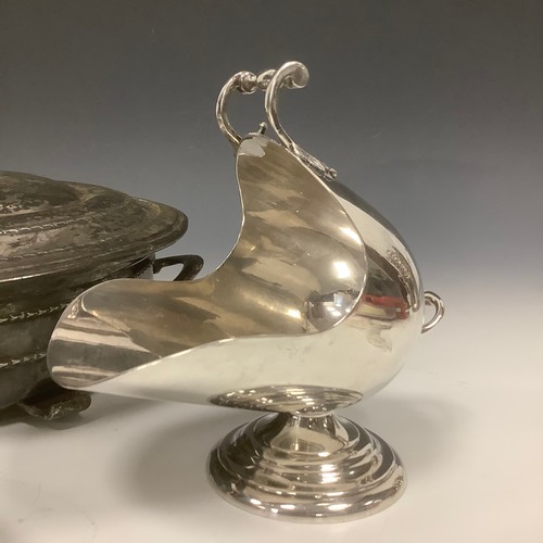23 - A Mappin & Webb Prince's Plate sugar scuttle, 15cm high; a wine funnel; etc (4)