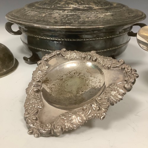 23 - A Mappin & Webb Prince's Plate sugar scuttle, 15cm high; a wine funnel; etc (4)