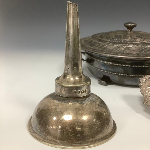 23 - A Mappin & Webb Prince's Plate sugar scuttle, 15cm high; a wine funnel; etc (4)