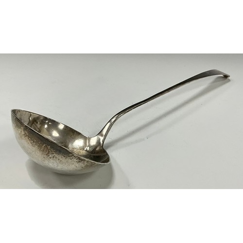 17 - A Scottish Provincial silver Celtic Point pattern soup ladle, 36cm long, James Cornfute, Perth, c.17... 