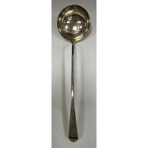 17 - A Scottish Provincial silver Celtic Point pattern soup ladle, 36cm long, James Cornfute, Perth, c.17... 