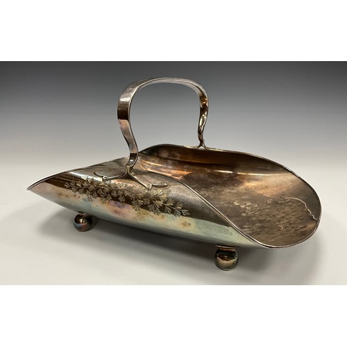 34 - A pair of late Victorian E.P.N.S trug-form baskets, bright-cut engraved with stiff leaves, ball feet... 