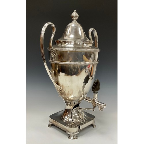 21 - A large Adam Revival E.P.N.S urnular pedestal samovar, lofty domed cover with orb finial, loop handl... 