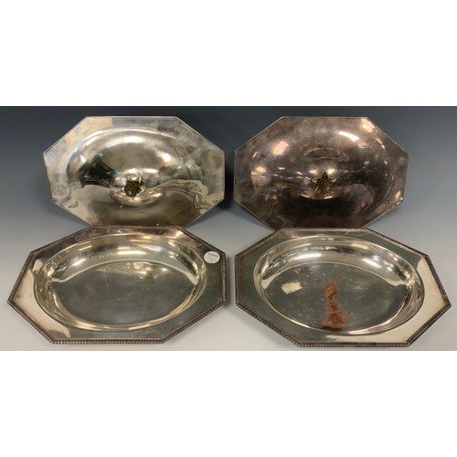 28 - A pair of early 20th century E.P on copper canted rectangular entree dishes and covers, fruitwood pi... 