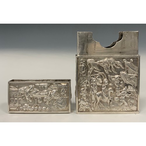 176 - A Chinese China Trade period silver rectangular card case, chased with figures in narrative scenes, ... 