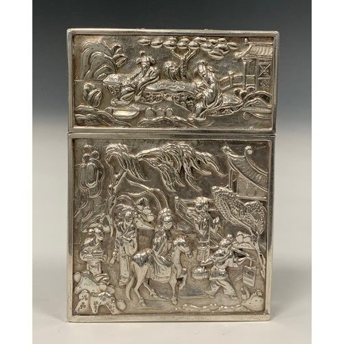 176 - A Chinese China Trade period silver rectangular card case, chased with figures in narrative scenes, ... 