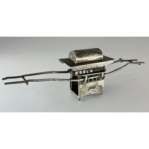 178 - A Chinese silver novelty miniature toy model, of a sedan chair, 12cm long, character mark, retailer ... 