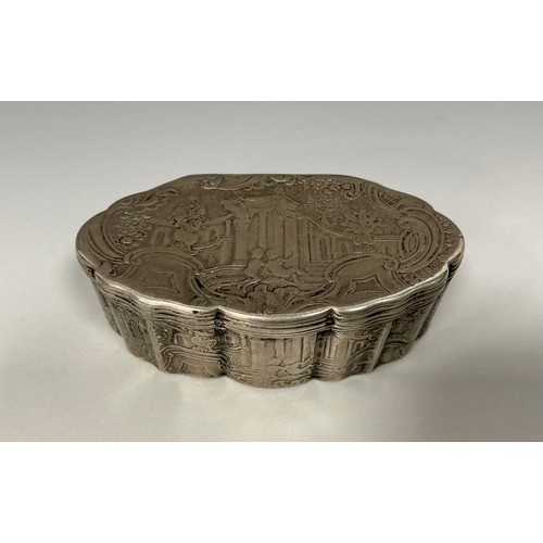 171 - A 19th century silver shaped oval snuff box, chased overall with Italianate scenes of putti amongst ... 