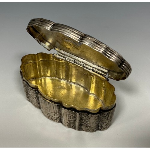 171 - A 19th century silver shaped oval snuff box, chased overall with Italianate scenes of putti amongst ... 
