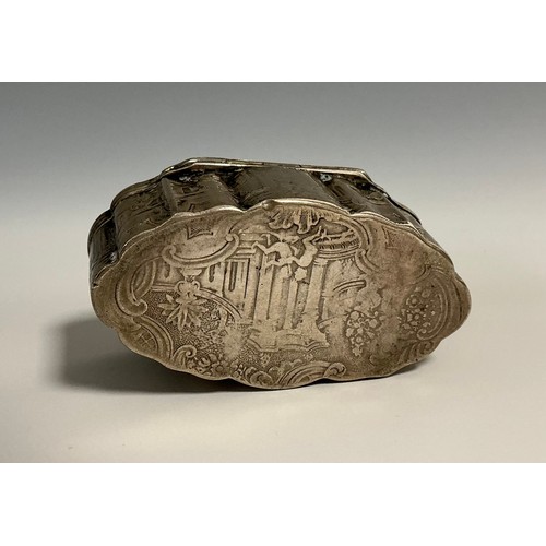 171 - A 19th century silver shaped oval snuff box, chased overall with Italianate scenes of putti amongst ... 