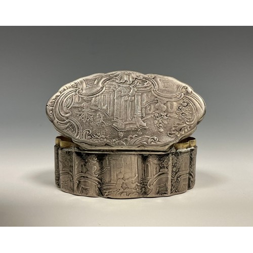 171 - A 19th century silver shaped oval snuff box, chased overall with Italianate scenes of putti amongst ... 