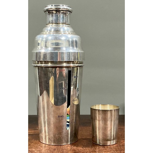 24 - A mid-20th century French E.P.N.S and enamel cocktail shaker, decorated in polychrome with knaves of... 