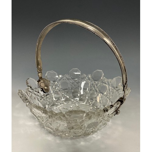 168 - A 19th century Dutch silver mounted hobnail-cut glass sweetmeat dish, swing handle, 14.5cm diam