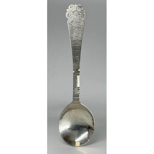 6 - An 18th century Scandinavian spoon, probably Danish or Norwegian, the shaped terminal engraved with ... 