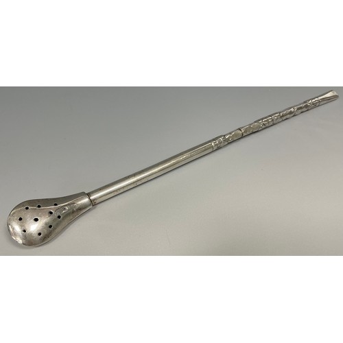 163 - A 19th century continental silver bubble pipe, engraved stem, pierced bowl, 23cm, apparently unmarke... 