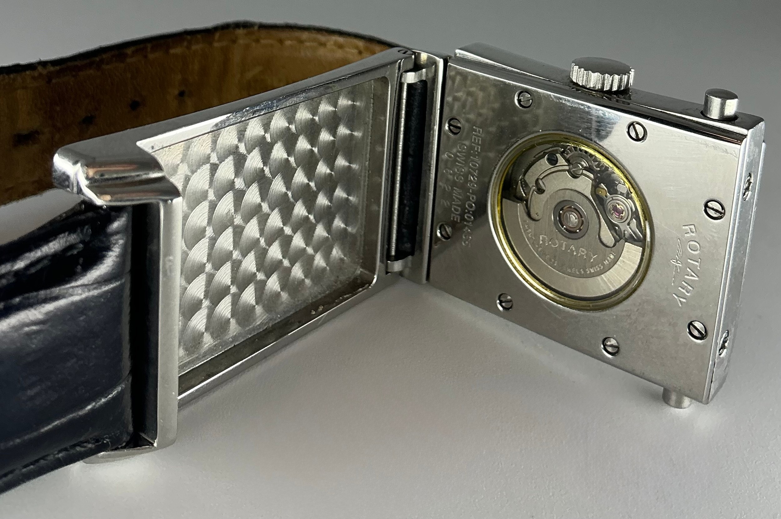 Rotary - an Elite Reverso automatic stainless steel wristwatch, blue ...