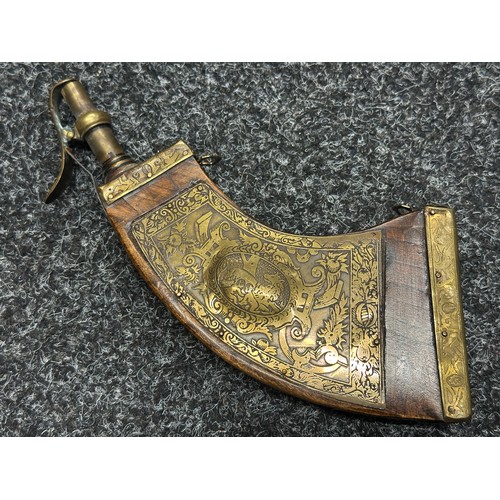 19th Century Italian Wooden Powder Flask with engraved brass inlay with ...