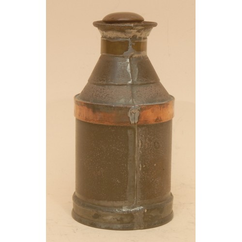 Advertising - a 19th century copper bound tin bottle or can, inscribed ...