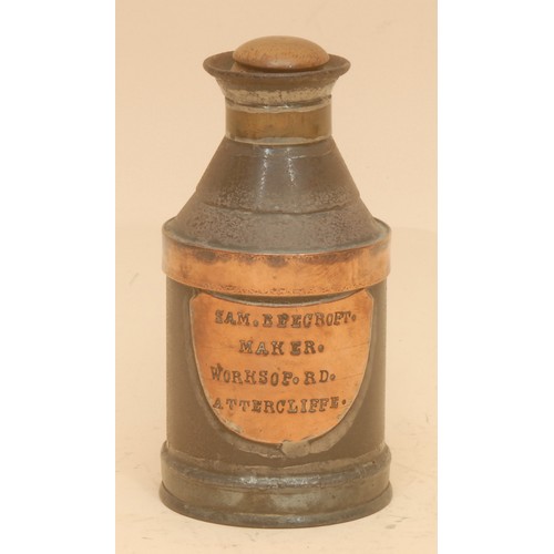 Advertising - a 19th century copper bound tin bottle or can, inscribed ...