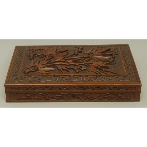 3590 - An Anglo-Indian Kashmiri hardwood rectangular armorial cigar box, hinged cover carved in bold relief... 