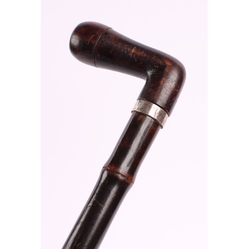 tobacco walking stick Cocobolo Knob Handle With Black Beechwood Shaft and Silver Collar Tobacciana - an early 20th