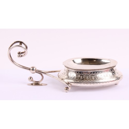 50 - A Victorian EPNS spoon warmer, bright-cut engraved, scroll handle, detachable liner, 26.5cm long, Ma... 
