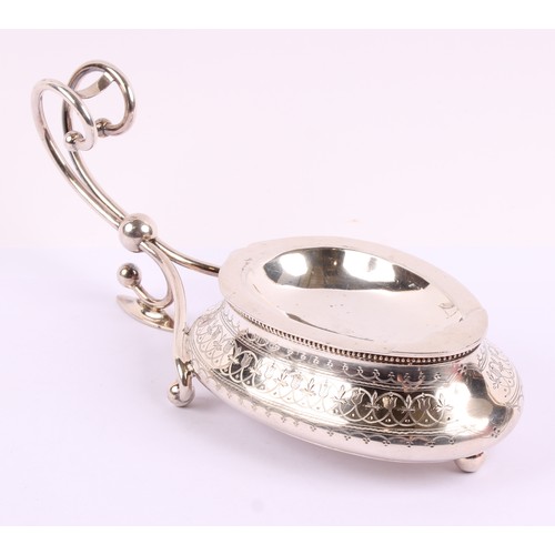 50 - A Victorian EPNS spoon warmer, bright-cut engraved, scroll handle, detachable liner, 26.5cm long, Ma... 