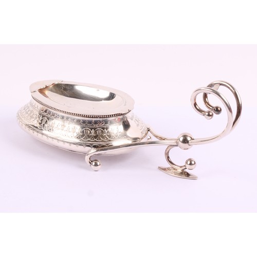 50 - A Victorian EPNS spoon warmer, bright-cut engraved, scroll handle, detachable liner, 26.5cm long, Ma... 