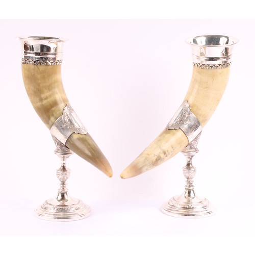 45 - A pair of Victorian E.P.N.S mounted cattle horn table vases, demoed bases with strapwork borders, 34... 