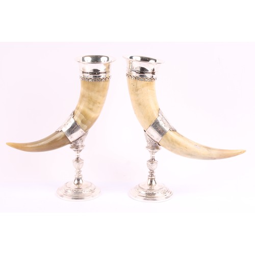 45 - A pair of Victorian E.P.N.S mounted cattle horn table vases, demoed bases with strapwork borders, 34... 