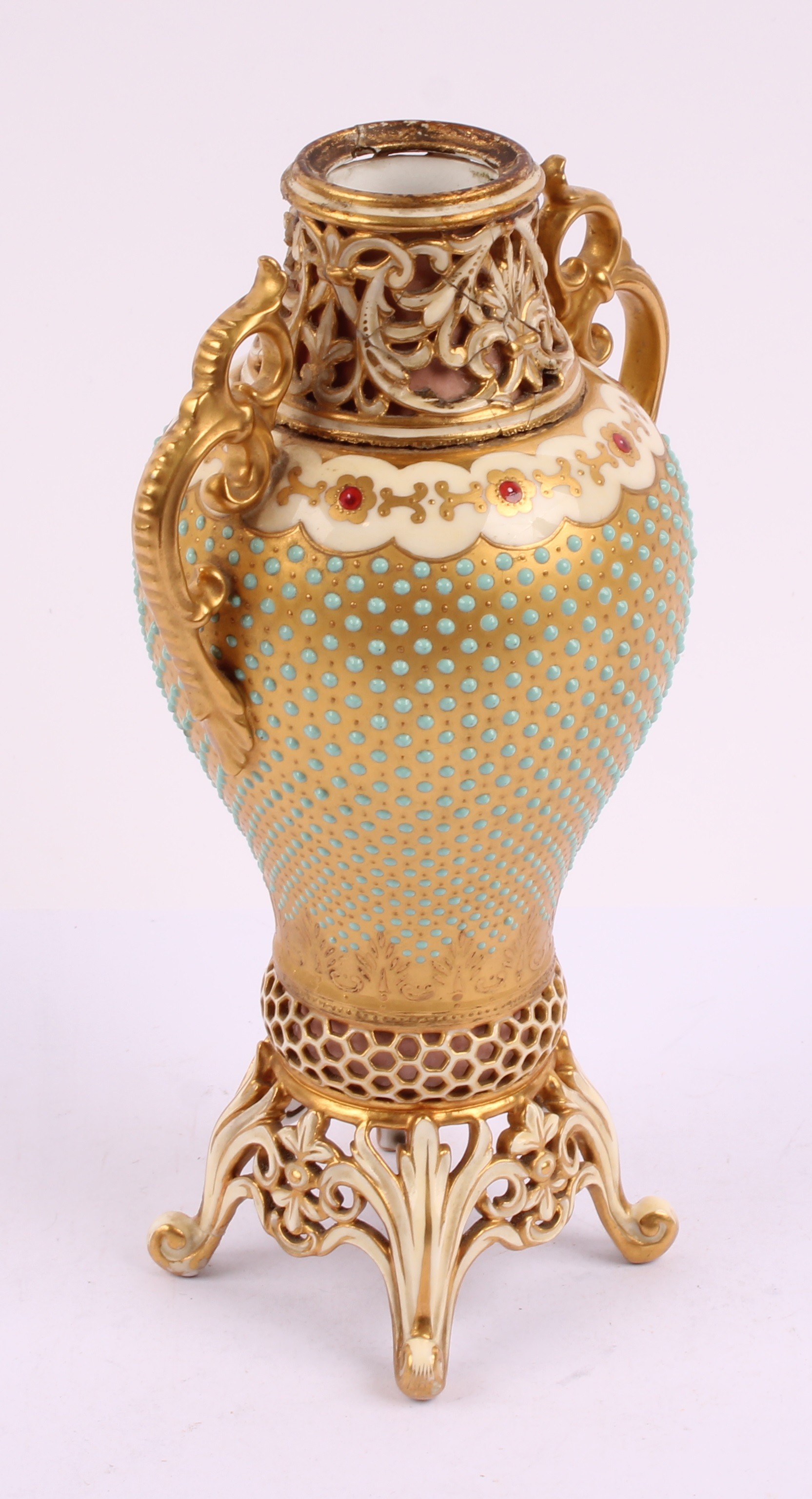 A Coalport two handled inverted baluster vase, applied with blue beads ...