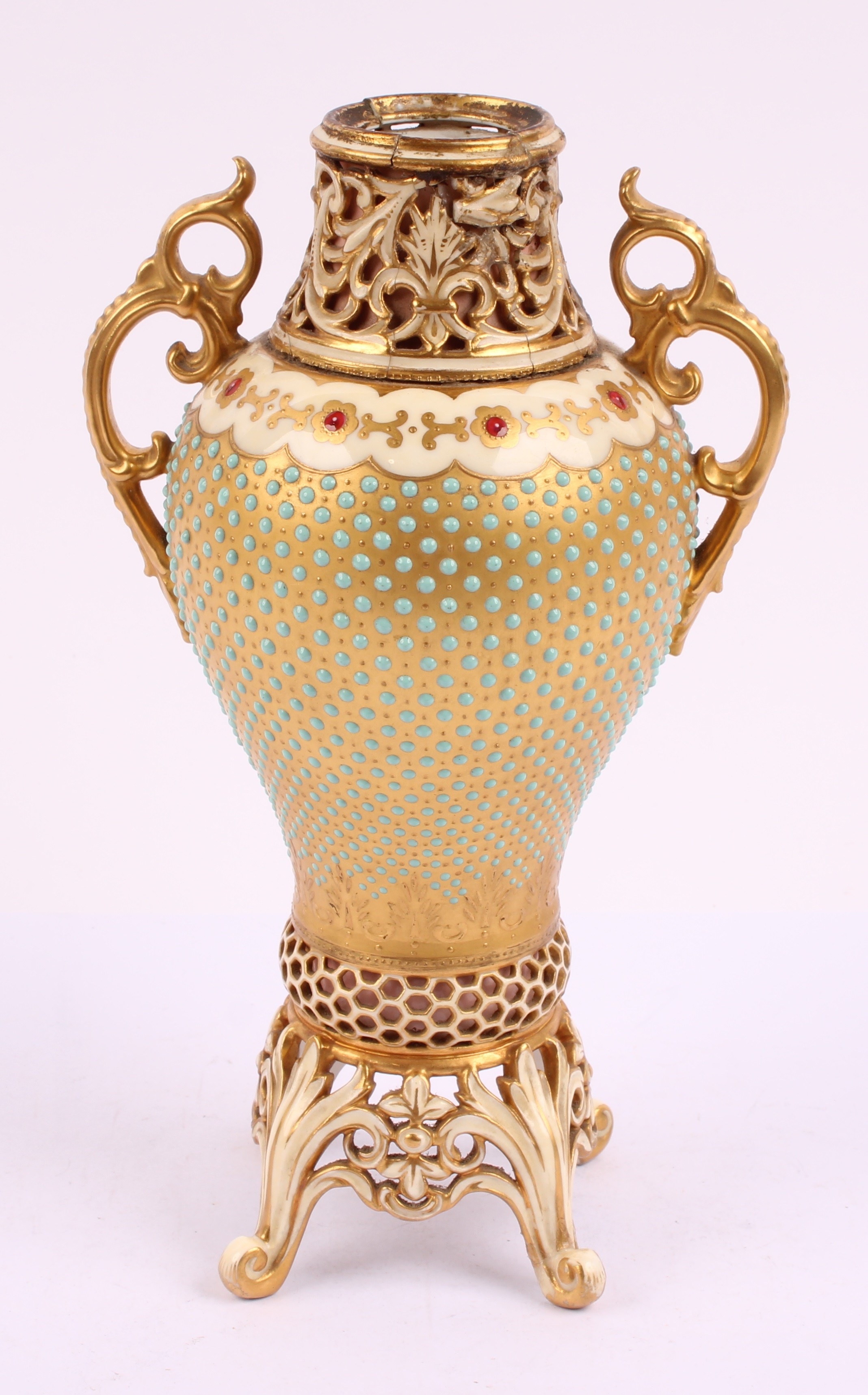A Coalport two handled inverted baluster vase, applied with blue beads ...