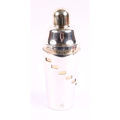 53 - An American Art Deco silver plated and parcel-gilt recipe cocktail shaker, 28.5cm high, Napier Co, M... 