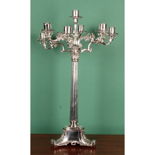 52 - A William IV Old Sheffield Plate table storm lantern candelabrum centrepiece, acanthus grasped scrol... 