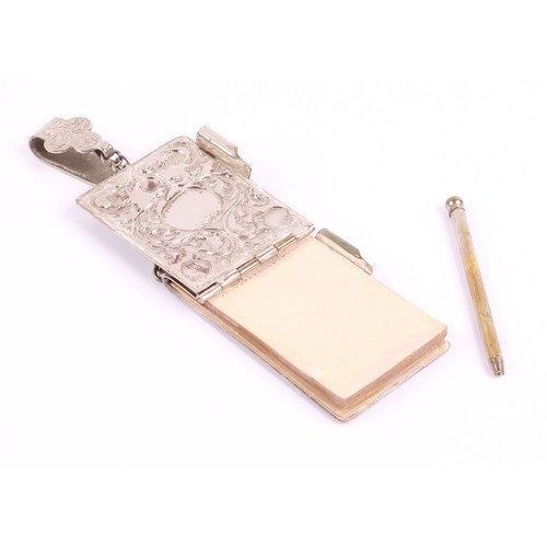 54 - An Art Nouveau E.P.N.S aide memoir, chased with scrolling foliage, hinged cover, chatelaine clip and... 
