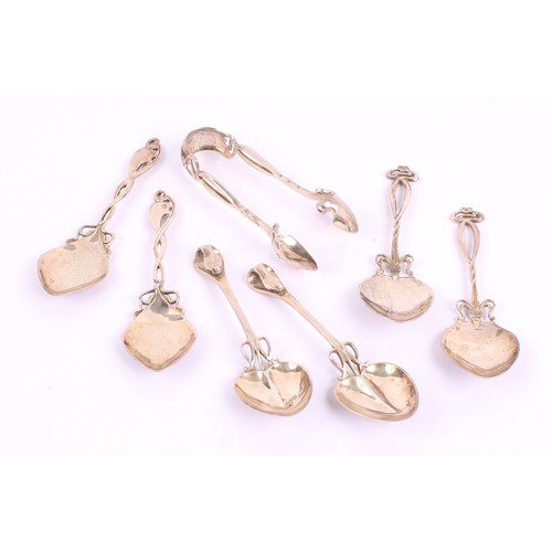 7 - A set of six Art Nouveau silver tea and patisserie spoons, spade and heart shaped bowls, sinuous ste... 