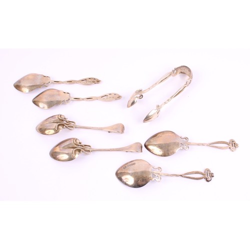 7 - A set of six Art Nouveau silver tea and patisserie spoons, spade and heart shaped bowls, sinuous ste... 