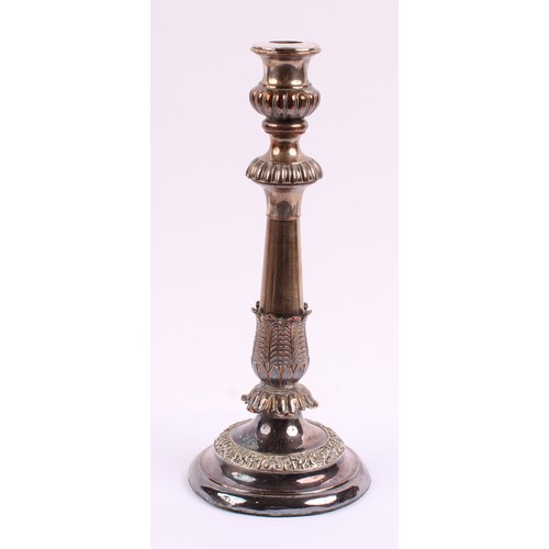 47 - A silver on copper two branch metamorphic table candlestick, pair of detachable sconces, the support... 