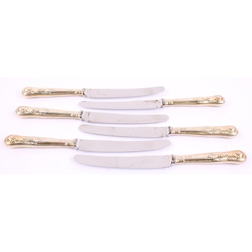 8 - A set of six Elizabeth II silver-gilt hafted King's pattern table knives, 24.5cm long, Cooper Brothe... 