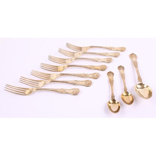 3 - A set of five Victorian silver-gilt single-struck Queen's pattern dessert forks, George W Adams, Lon... 